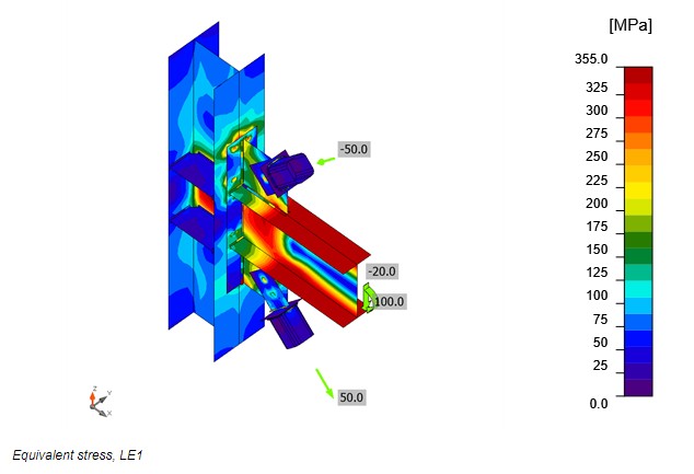 Beam column and brace connection equivalent stress plot