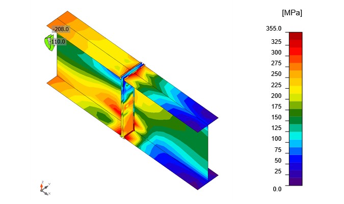 Equivalent stress plot for an end plate steel connection